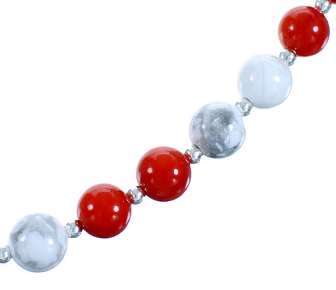 Howlite And Coral Sterling Silver Southwestern Bead Necklace RX114270
